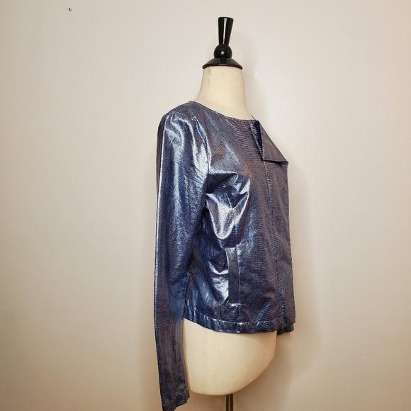 Vintage Emporio Armani Metallic Blue Embossed Jacket Hidden Zip Size 10 - Picture 4 of 13